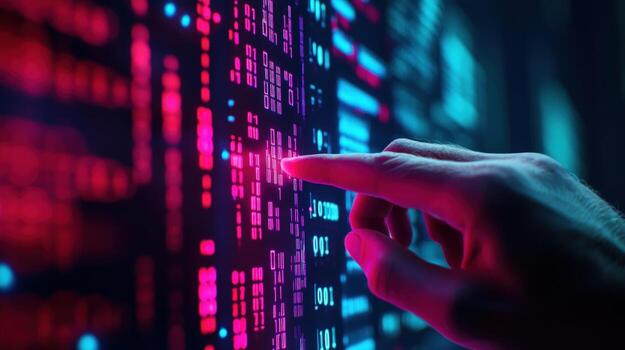 A person touching a computer screen with a red and blue background photo