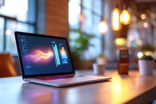 ordenador portátil mostrando datos analítica en un acogedor café ajuste foto