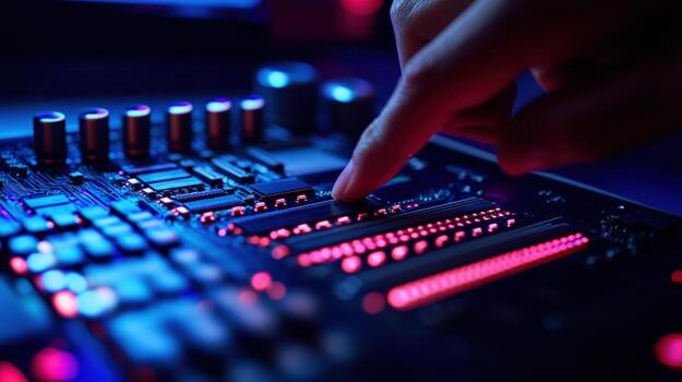 Close-up of a hand interacting with a circuit board, showcasing intricate details and vibrant colors. The image conveys a sense of technological innovation and precision. photo