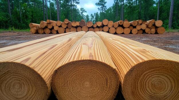 Close-up view of freshly cut pine logs stacked in a forest setting, showing the wood grain and texture, ready for processing or construction. photo