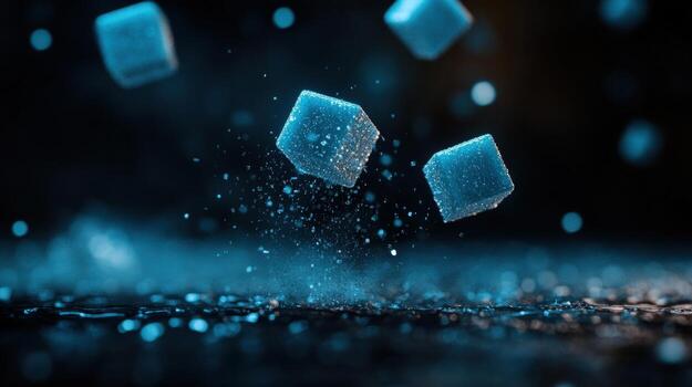 Abstract Blue Cubes Falling, Dynamic Composition, Sparkling Texture, Dark Background photo