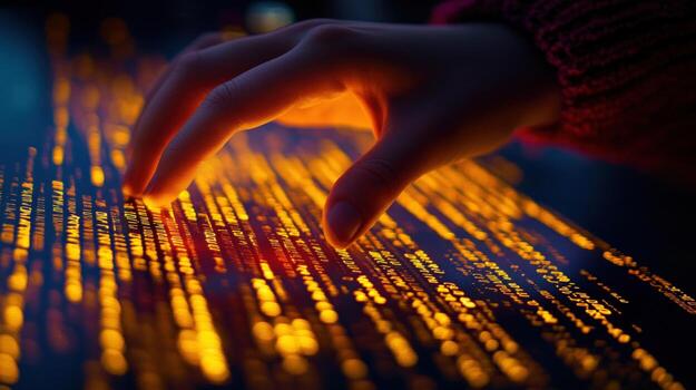 Glowing Digital Code Hand Interacting with Illuminated Lines of Code photo