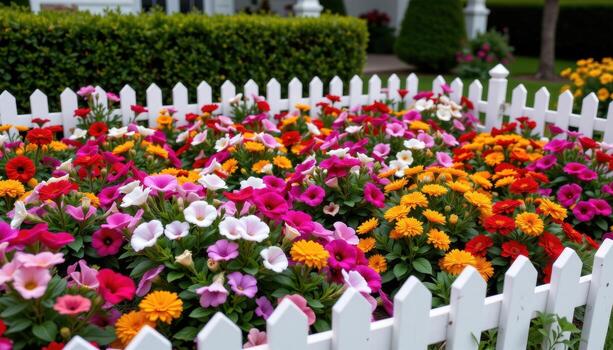 an elegant flower bed overflowing with vibrant petunias, marigolds, and daisies arranged in harmonious color patterns, bordered by white picket fences. photo