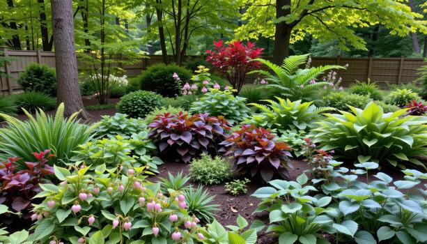 a shaded fern garden with hostas, astilbes, and bleeding hearts nestled under a canopy of maple trees. photo