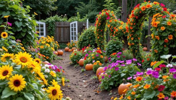 a rustic garden with sunflower borders, pumpkin patches, and colorful nasturtiums climbing trellises. photo