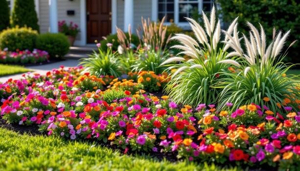 a neatly landscaped front yard garden with layered rows of begonias, zinnias, and ornamental grasses swaying in a gentle breeze. photo