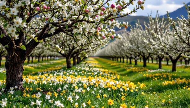 a springtime orchard with apple blossoms and daffodils carpeting the ground beneath the trees. photo
