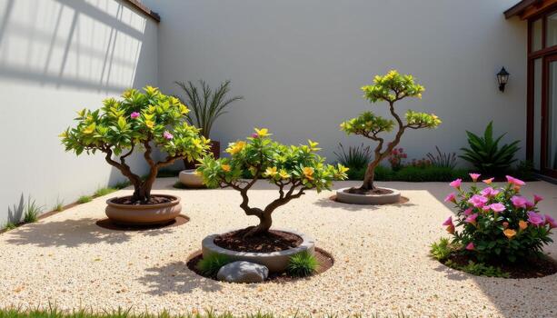 a minimalist courtyard featuring bonsai, azaleas, and neatly raked gravel patterns. photo