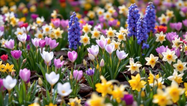 a spring garden bursting with crocuses, hyacinths, and daffodils in pastel shades. photo