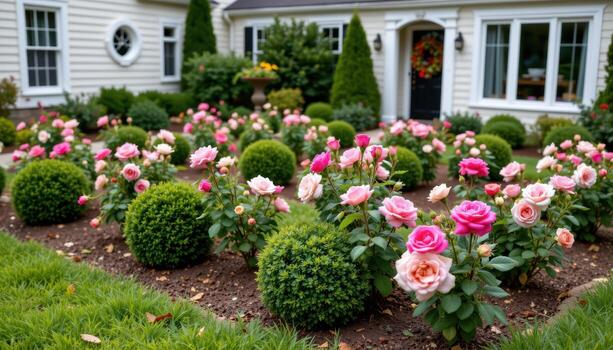 a front yard garden with symmetrical rows of roses, accented with boxwood spheres. photo