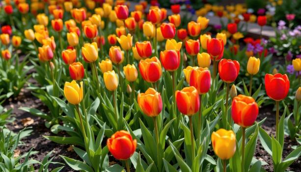 tulip bulbs burst open with brilliant reds and yellows, creating a colorful pattern across the garden. photo