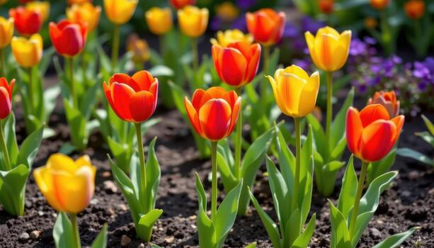 tulips burst open in red and yellow, creating vivid patterns across the garden's soft soil. photo