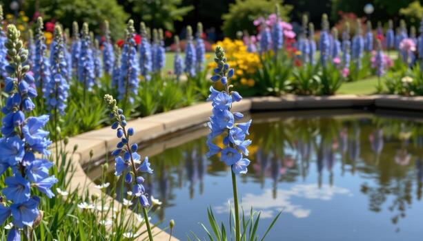 blue delphiniums bloom in neat rows beside calm garden ponds reflecting clear skies. photo