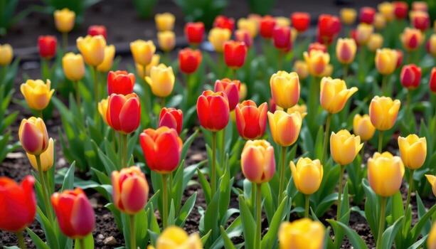 tulips burst open in red and yellow, creating vivid patterns across the garden's soft and fertile soil. photo