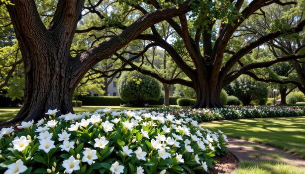 fragrant white gardenias flourish beneath towering oak trees casting deep and cooling shadows nearby. photo