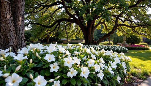 fragrant white gardenias flourish beneath tall oak trees casting cool shadows in the garden. photo