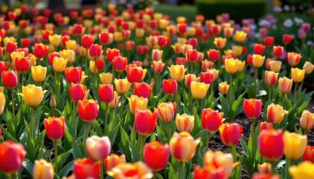 tulips burst open in red and yellow creating vivid patterns across garden's soft fertile soil. photo