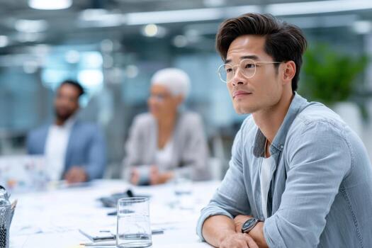 Young man expresses concern during team discussion on change management in a dynamic office environment photo