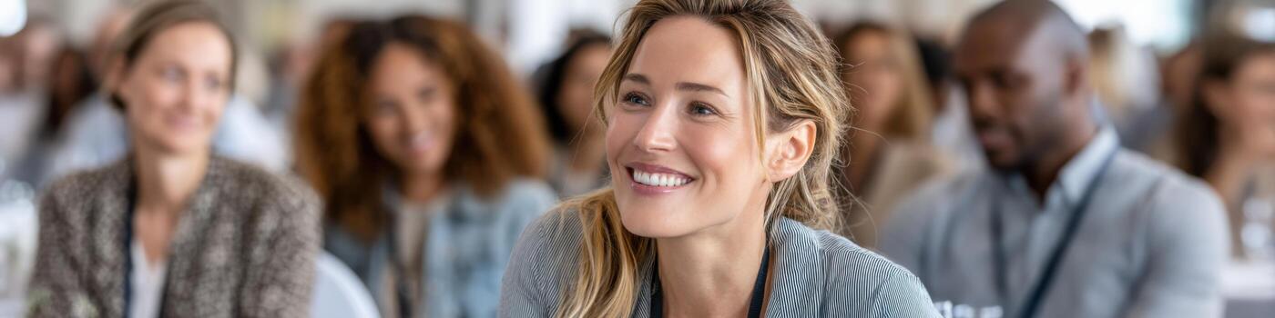 Diverse audience engaged and smiling while focused on speaker at an inspiring event photo