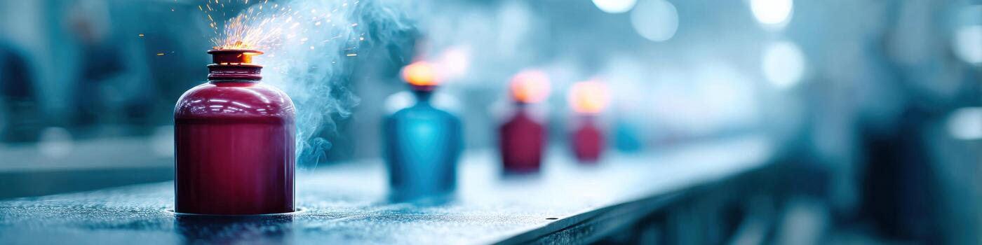 Dynamic view of fire extinguisher production in a lively factory environment showcasing assembly and quality checks photo