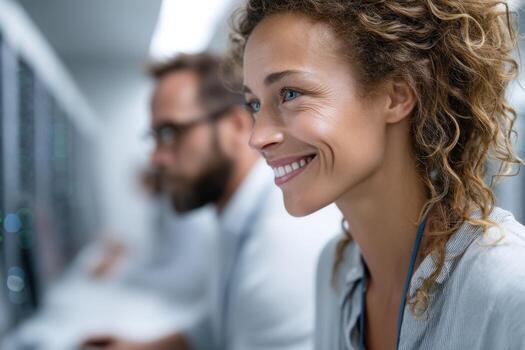 Diverse database administrator team monitors servers in bright tech office with space for captions photo