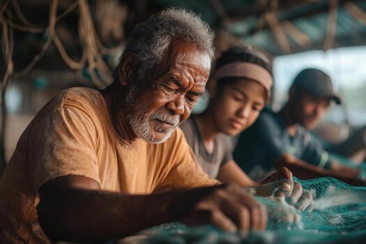 Artisans collaborate on intricate netting patterns in a vibrant community workshop photo