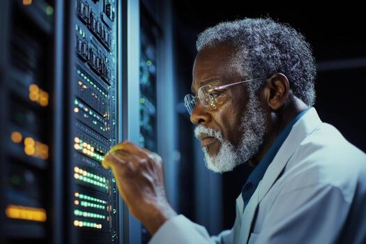 Elderly Black network administrator troubleshooting server with young assistant in modern data center photo