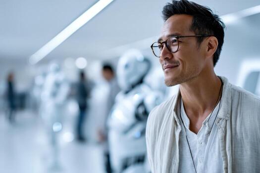 Innovative cybernetician explores advancements in AI and robotics within a futuristic lab setting photo
