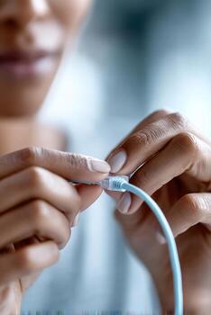 Close-up of Hispanic female engineer configuring network cables with precision in modern workspace photo