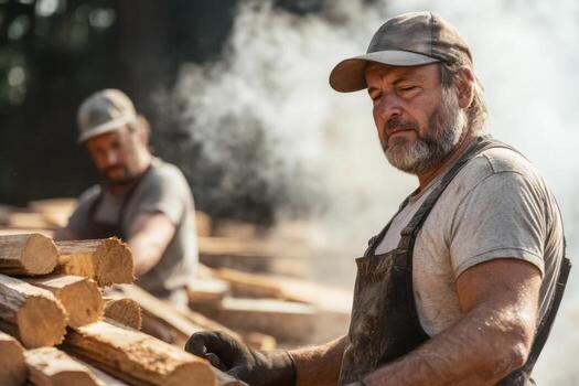 Collaboration of wood workers on a timber project in a rustic setting during the day photo