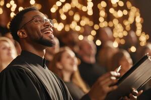 diverso grupo de dirigir coro maestros conductible un entusiasta coro actuación en un animado lugar de eventos foto
