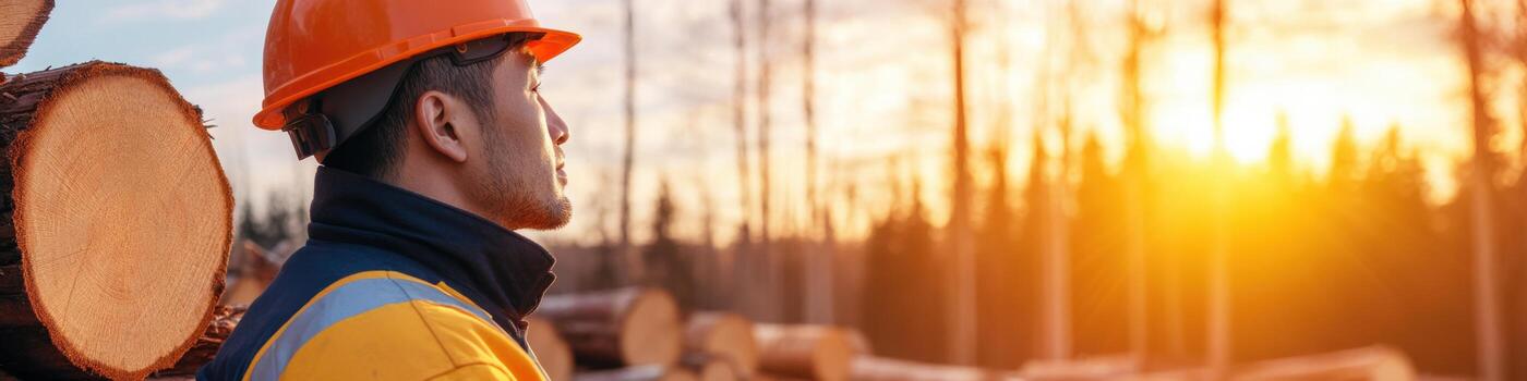 Logger surveys logging site at sunset with focus and responsibility in a serene forest environment photo