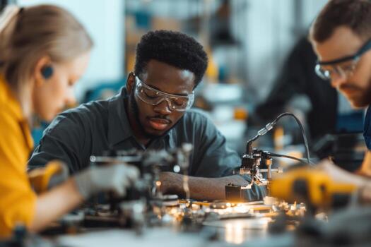 Diverse technicians collaborate to troubleshoot equipment failure in a busy workshop setting photo