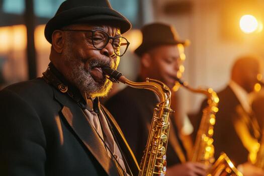 Dynamic performance by diverse saxophonists in an energetic jazz band during a live music event photo