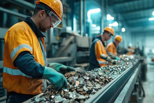 Diverse raw material breakers collaborating on a production line for quality control in an industrial setting photo