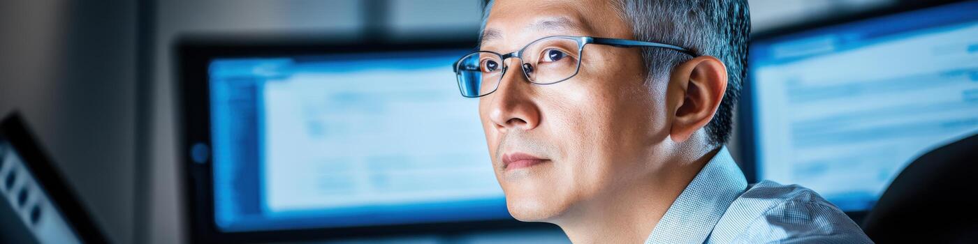 Middle-aged Asian male software tester evaluating user interfaces with focus and precision in a modern workspace photo