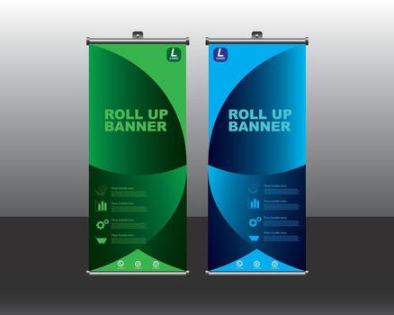 Roll up banner stand design template, Green 3D vector