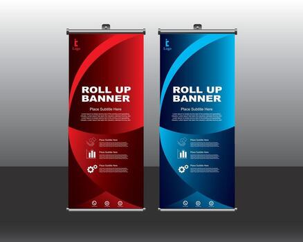 Roll up banner stand design template, Dark 3D vector