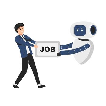 Robots and people fighting over job, an illustration of competition between workers and robots, the impact of AI on employment vector