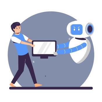 Robots and people fighting over computer screens, an illustration of competition between workers and robots, the impact of AI on employment vector