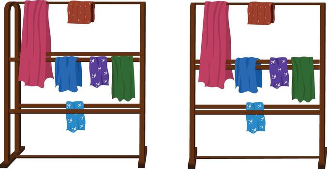 Clothes rack in different view. Towel racks with colorful towels vector