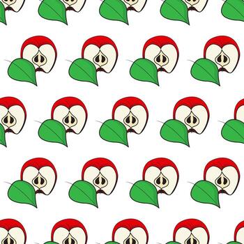 Half of red apple and green leaf. Cartoon style. Seamless pattern. vector
