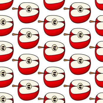 Half of red apple with stem. Cartoon style. Seamless pattern. vector
