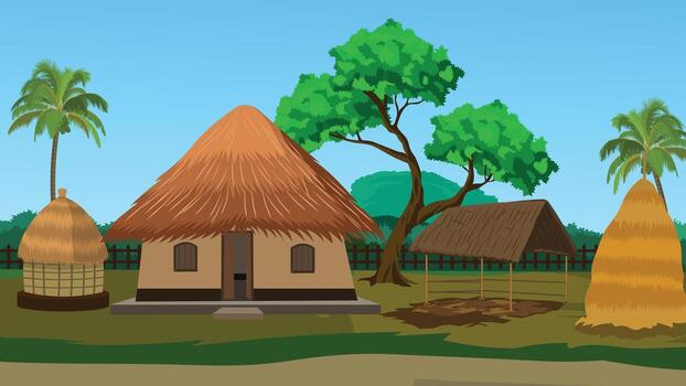 Village with thatched roof huts and trees vector