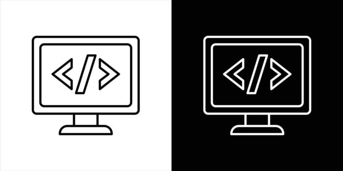 pantalla programación icono colocar. Contiene representación de moderno codificación y desarrollo en digital plataforma icono, Delgado línea símbolo firmar vector