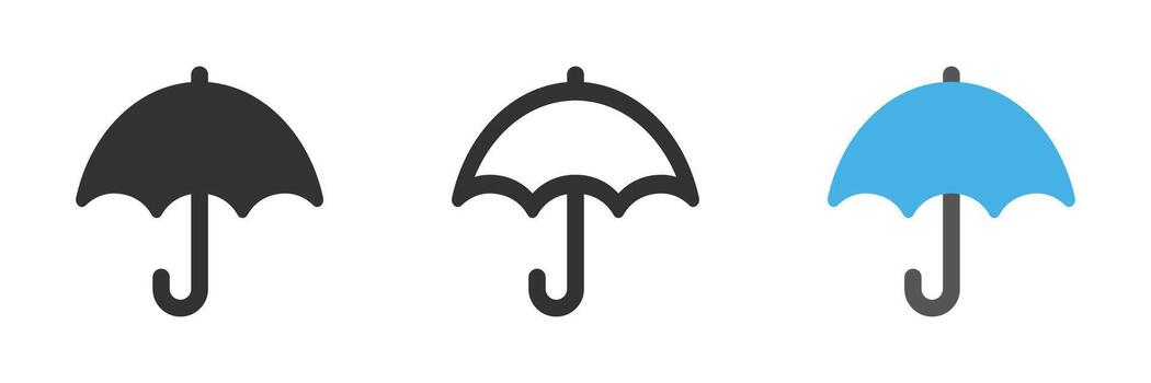 Umbrella icons in black, outline, and blue styles representing rain protection, weather, safety and coverage concepts for design and illustration purposes vector