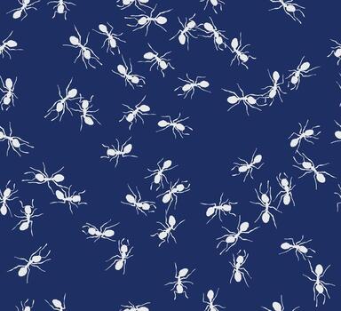 sin costura mano dibujado hormiga modelo en blanco en profundo Armada azul antecedentes. juguetón y negrita diseño, Perfecto para textiles, fondos de pantalla, envase, y moderno superficie diseño. vector