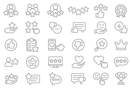 Review And Feedback Line Icon Set With 30 Editable Stroke Designs. Thin Line Icons Collection. Includes Ratings, Stars, Comments, Likes, And Customer Satisfaction Symbols. Isolated Illustration vector