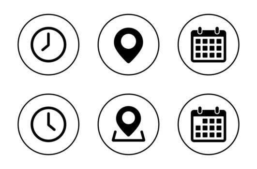 Time, location, and calendar icon. Clock, place marker, and date symbol in circular outline vector