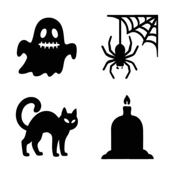 Halloween Icons Collection Featuring Ghost Spider Web Cat and Candle Black Silhouettes on White Background Simple and Clean Design vector